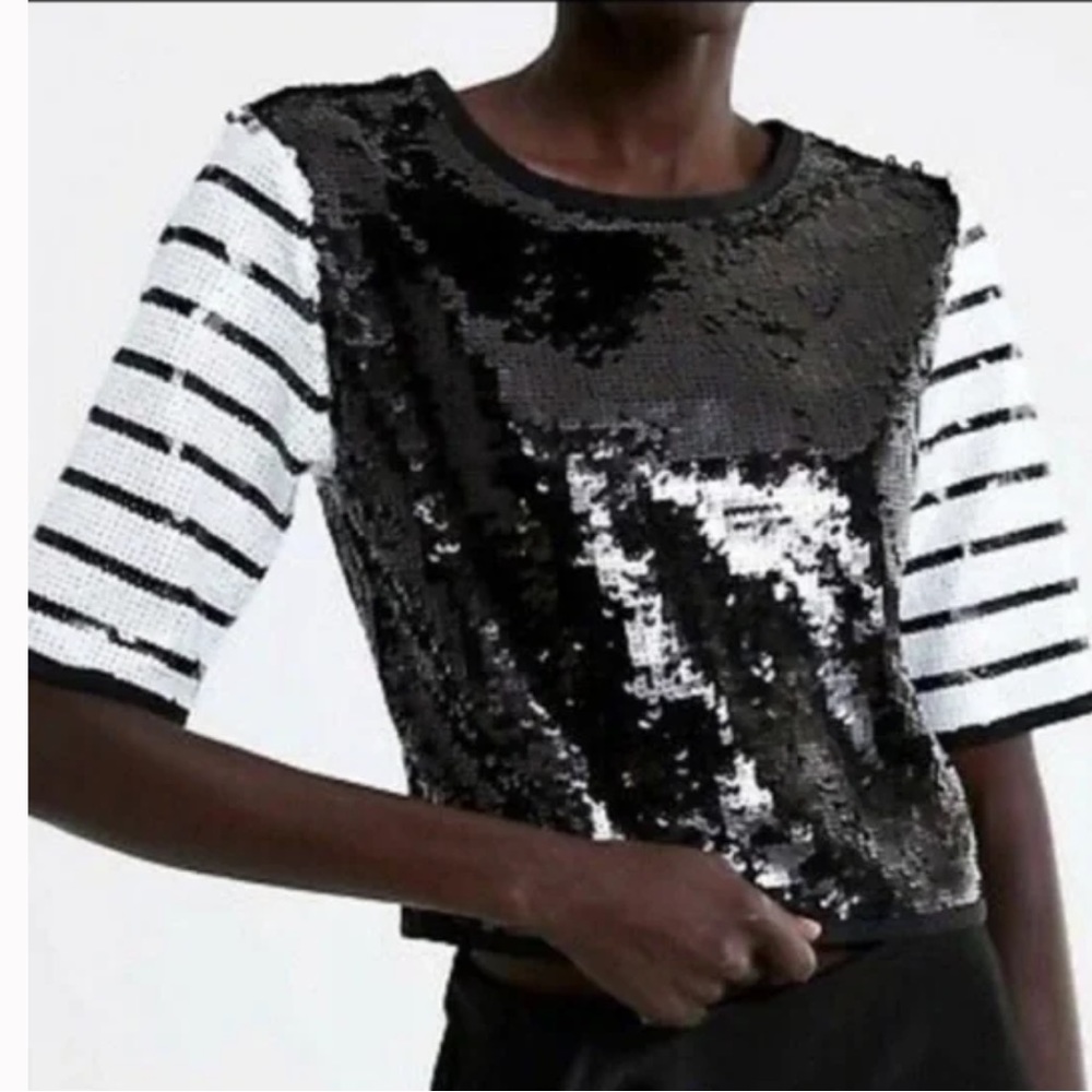 NWT ZARA Limited Edition Black&white Sequin Open Tie-Back Top Size Small stripes